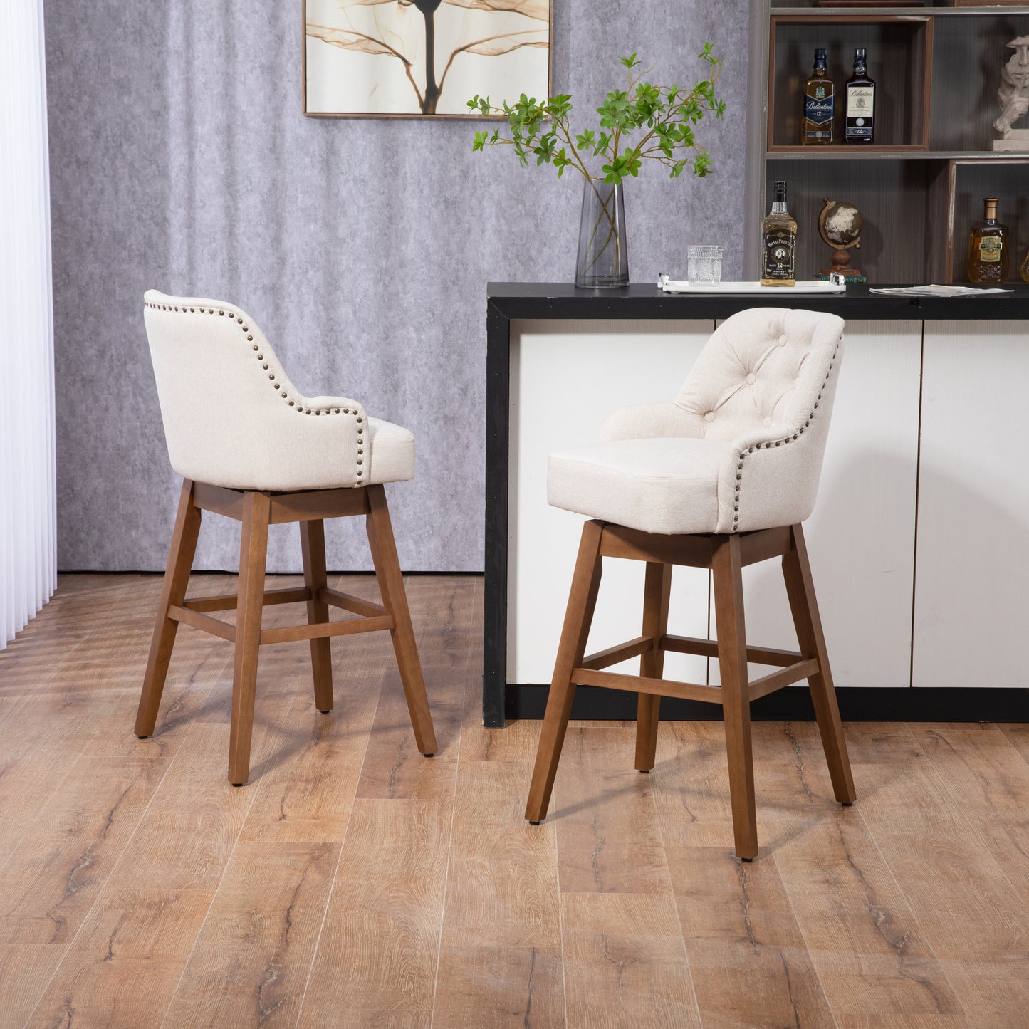 Hearth - Set of 2 - 29" Beige Linen Swivel Bar Stools with High Back and Solid Wood Legs