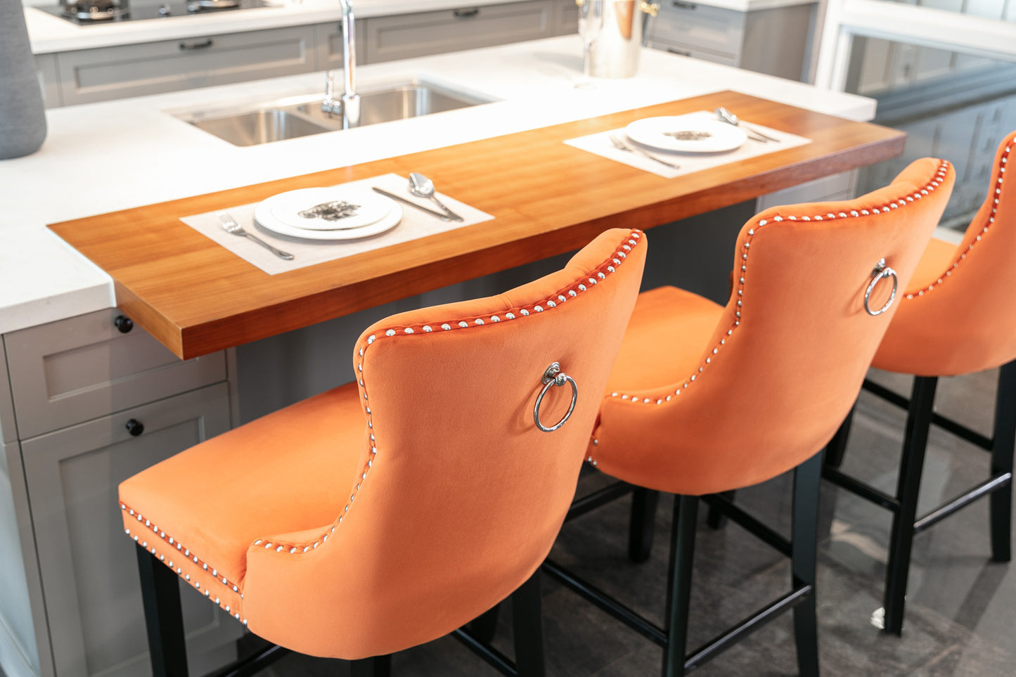 Sorrento - Set of 2 - 24.4" Orange Velvet Upholstered Barstools with Button Tufted Back, Wooden Legs & Chrome Nailhead Trim