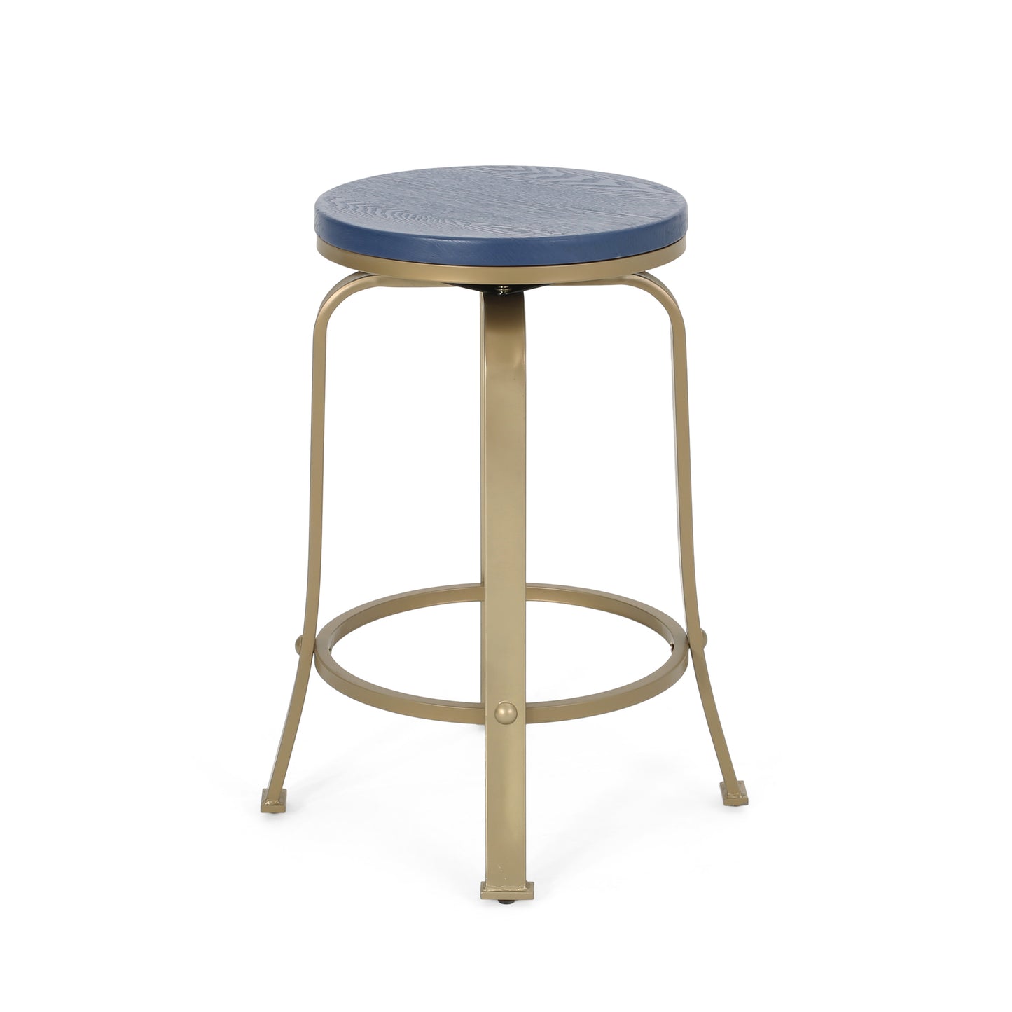 Sanora- Set of 2 - 25" Blue Counter Stools with Swivel Iron Frame and Faux Wood Seats