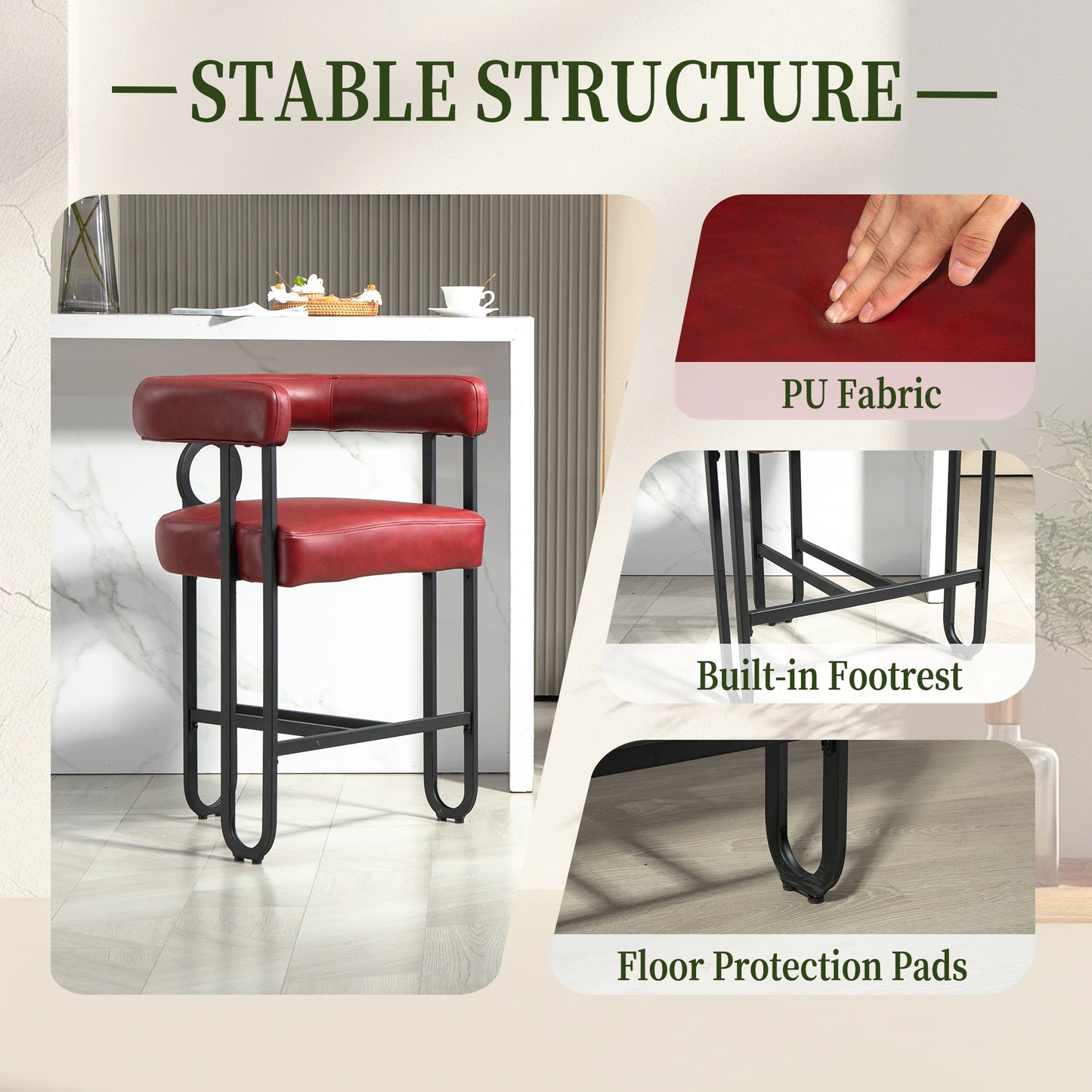 Lian - Set of 1- 24" Wine Red PU Modern Bar Stool with Ergonomic Backrest and Black Metal Frame