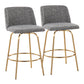 Tzarin - Set of 2 - 26" Contemporary Fixed-Height Swivel Counter Stools in Grey Noise Fabric and Gold Metal – Stylish Upholstered Bar Stools with Round Footrest