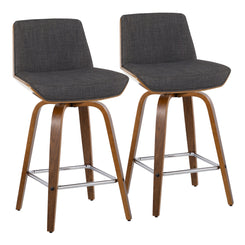 Nicolai - Set of 2 - 26" Mid-Century Modern Fixed-Height Counter Stools with Swivel, Charcoal Fabric, Walnut Wood, Square Chrome Footrest, and Ergonomic Design