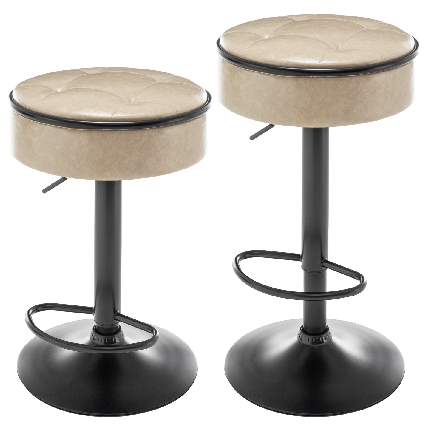 Bella Luxe - Set of 2 - 28" Swivel Khaki Faux Leather Adjustable Round Storage Bar Stools with Metal Frame, Armless Counter Height Chairs for Kitchen & Living Room