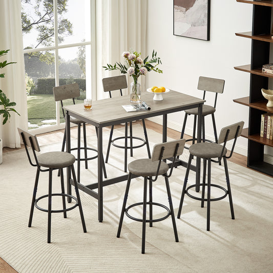 Guillermo - Set of 7 - 30" Industrial Pub High Dining Set with Grey Rustic Bar Table & 6 PU Leather Chairs