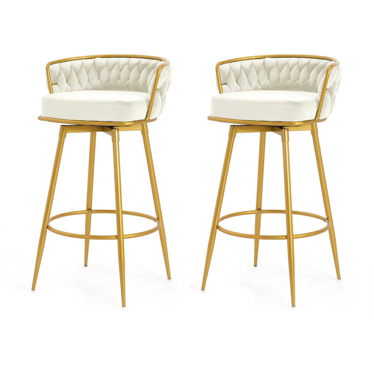 Stalbrook - Set of 2 - 31.5” Swivel Counter Height Bar Stools with Hand-Woven Backrest, Gold Metal Legs, Beige Upholstered Seats