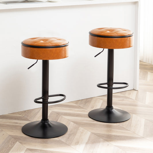 Salvae - Set of 2 - 28" Adjustable Brown Faux Leather Bar Stools with 360° Swivel, Hidden Storage, and Counter Height Design