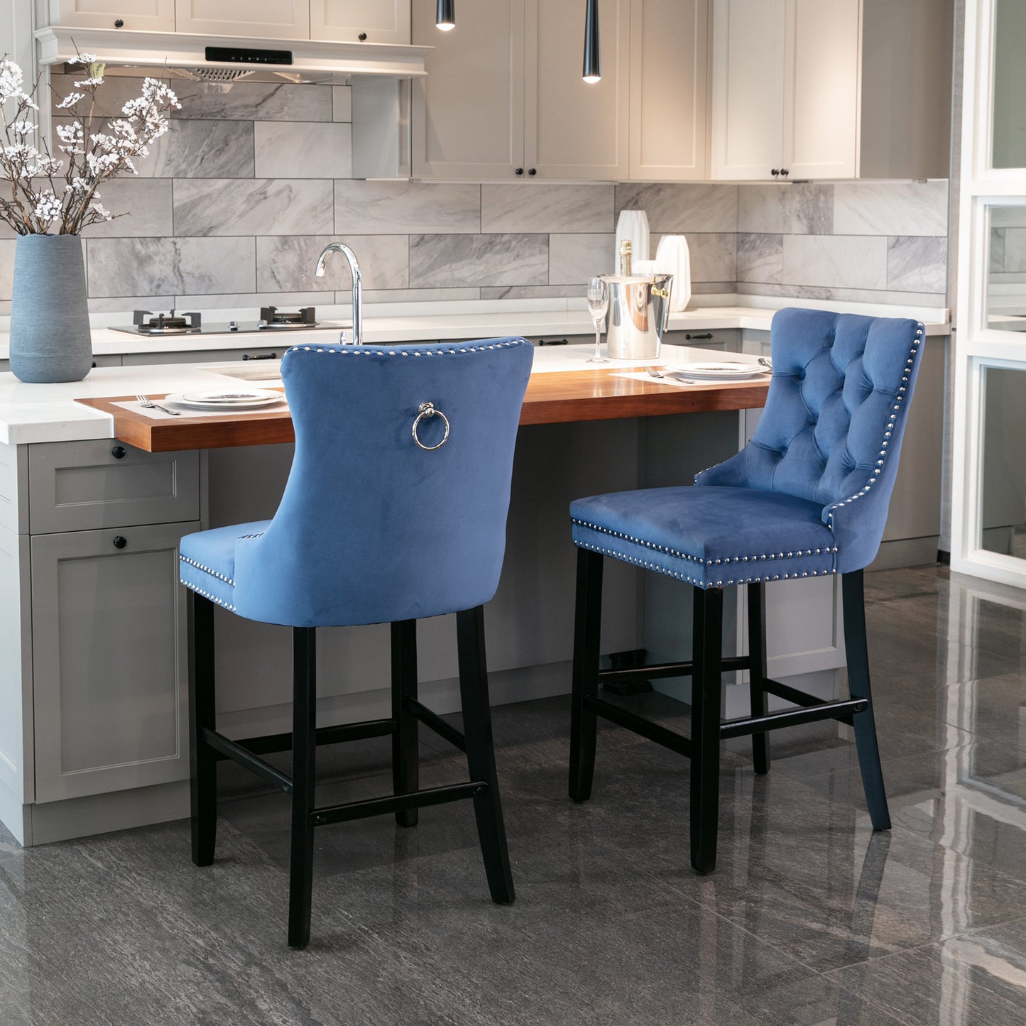 Heliora - Set of 2 - 26" Blue Velvet Upholstered Bar Stools with Button Tufted Design, Chrome Nailhead Trim, and Wooden Legs - Modern American Style