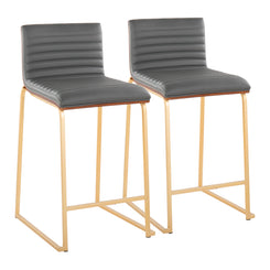 Merinith - Set of 2 - 26" Fixed-Height Contemporary Counter Stools with Gold Metal Frame, Walnut Wood, and Grey Faux Leather, Luxe Dining & Kitchen Seating