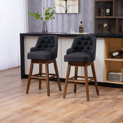 Vianna- Set of 2 - 30" Black Linen Counter Height Bar Stools with Button-Tufted Design, 360° Swivel, and Solid Wood Legs