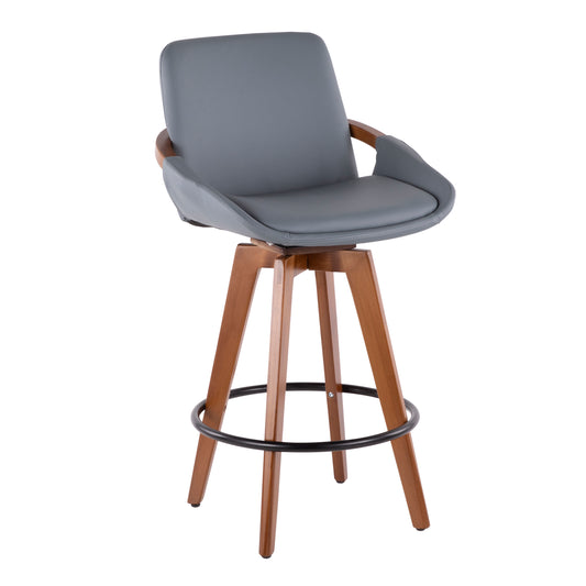 Caliri - Set of 2 - 26" Mid-Century Counter Stool ,Walnut & Grey Faux Leather - Stylish Fixed Height Design with Footrest