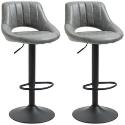 Varella - Set of 2 - 25" Gray PU Leather Swivel Bar Stools with Adjustable Height (33.5"–41.75"), Round Heavy Metal Base, and Footrest