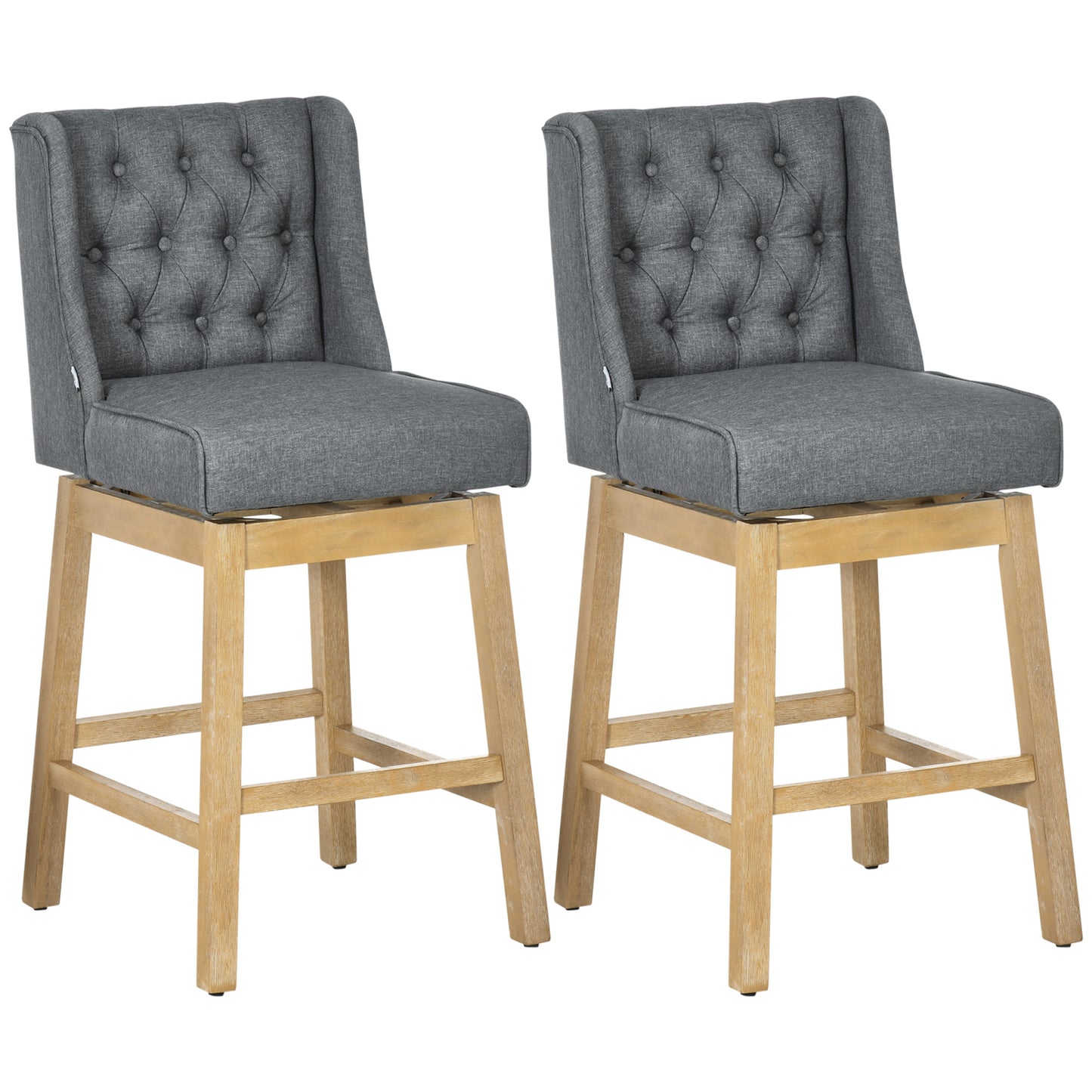 Hercules - Set of 2 - 30" Bar Height Bar Stools with 180° Swivel, Gray Button Tufted Design, and Solid Wood Footrests for Kitchen & Dining