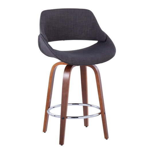 Luxarn - Set of 2 - 24" Charcoal Fabric Mid-Century Modern Counter Stools with Walnut Wood Legs and Round Chrome Footrest