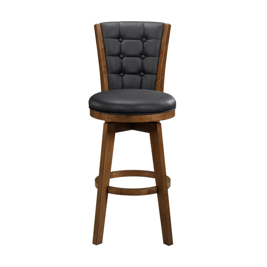 Zenithel - Set of 2 - 30” Chestnut Finish Swivel Bar Chairs with Button-Tufted Black Upholstered Seats