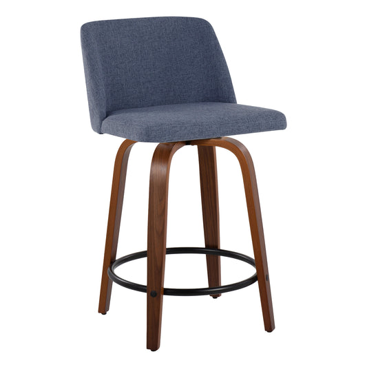 Tivon- Set of 2 - 26" Walnut Wood & Blue Swivel Counter Stools with Fabric Upholstery & Black Metal Footrest