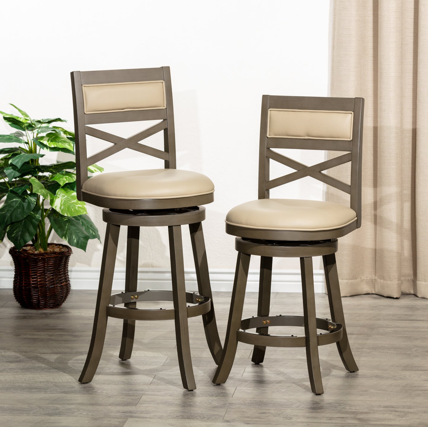 Calavon - Set of 2 - 24" Weathered Gray Counter Height X-Back Swivel Stools with French Gray Leather Upholstered Seat