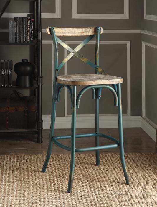 Zamira - set of 2-29" Industrial Bar Chair with High Back, Antique Turquoise and Oak Finish,43" Overall Height