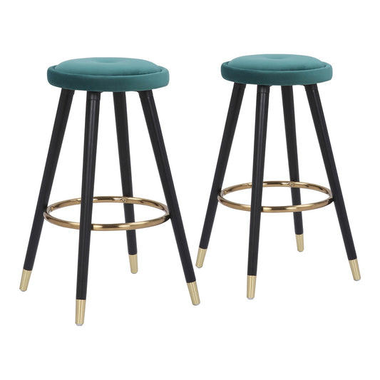 Berano - Set of 2 - 26" Green Velvet Counter Stools with Black and Gold Metal Frame