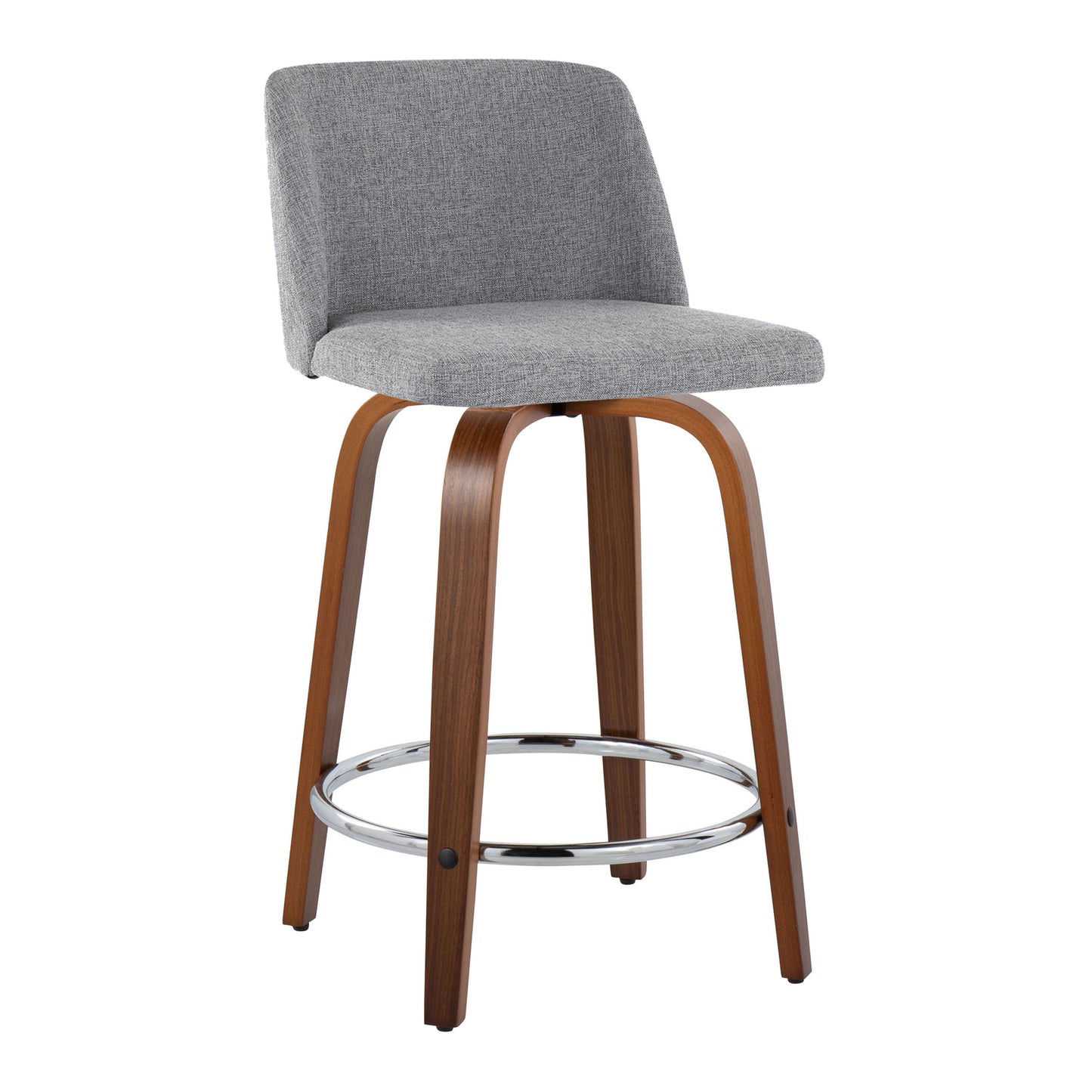 Hendrix - Set of 2 - 26" Walnut Wood Counter Stools with Grey Fabric Swivel Seats and Chrome Footrest