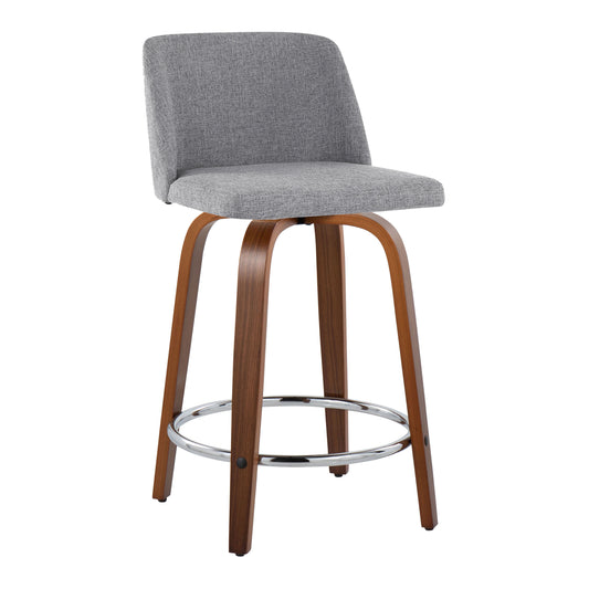 Hendrix - Set of 2 - 26" Walnut Wood Counter Stools with Grey Fabric Swivel Seats and Chrome Footrest