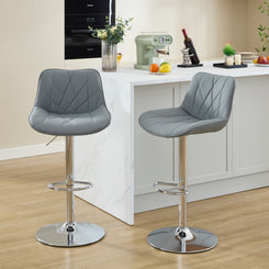 Grayson - Set of 2 - 25” Adjustable Gray Bar Stools with Back, 360° Swivel, PU Leather, Modern Chrome Base for Kitchen Island & Dining Room