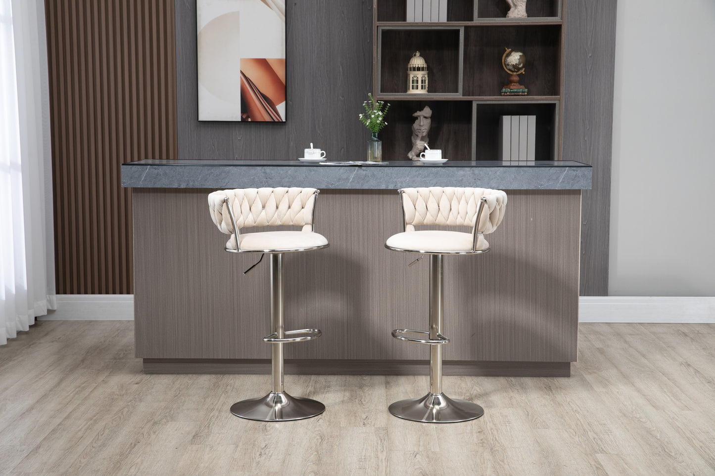 Mynroe - Set of 2 - Ivory Swivel Adjustable Counter Height Bar Stools with Footrest