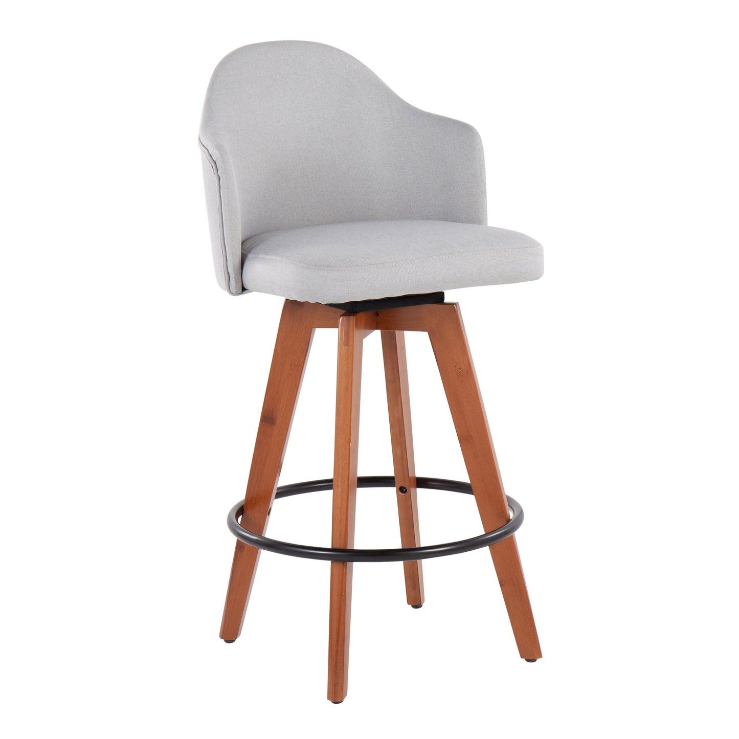 LumiSet – Set of 2 - 20" Light Grey Fabric Counter Stools with Walnut Bamboo Legs and Black Metal Footrest