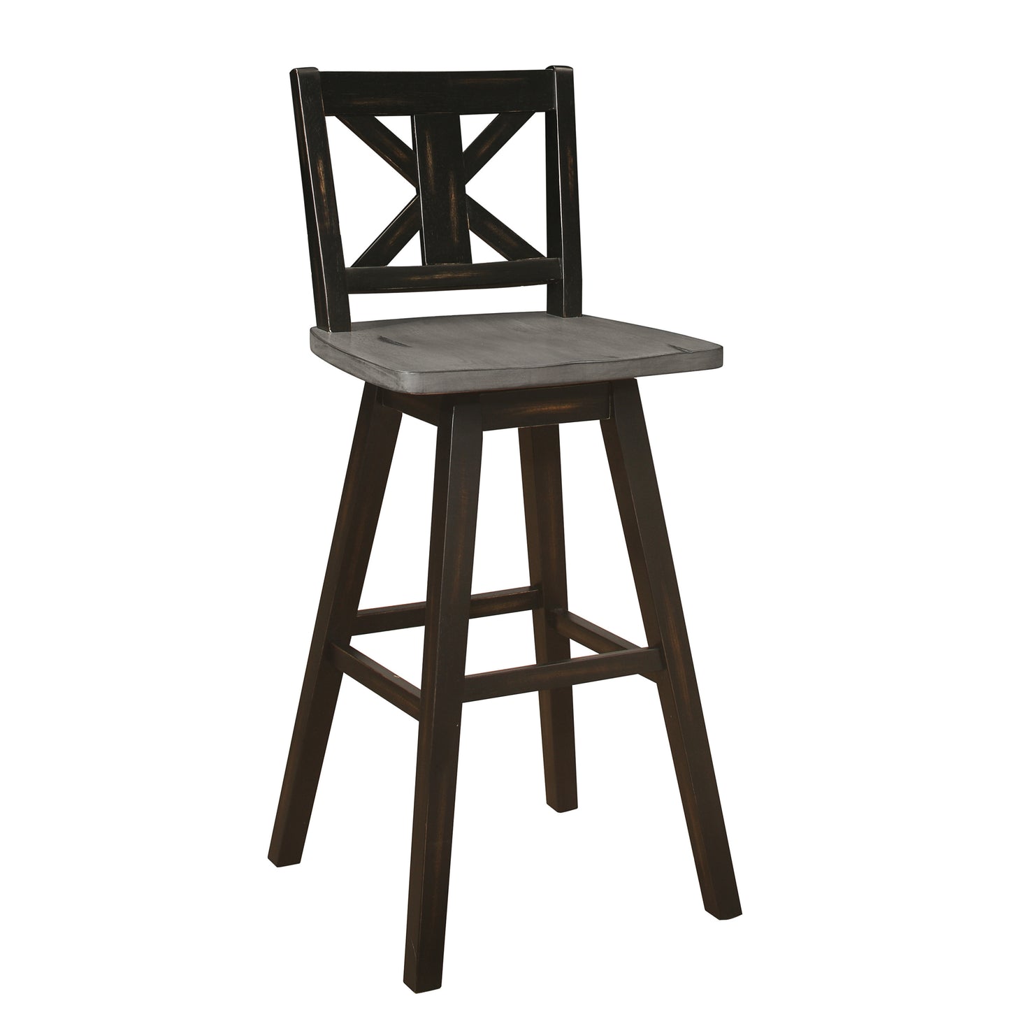 Hasting - Set of 2 - 29" Distressed Gray & Black 360° Swivel Pub Height Chairs - Solid Rubberwood X-Back Design, Bar Stool Chairs