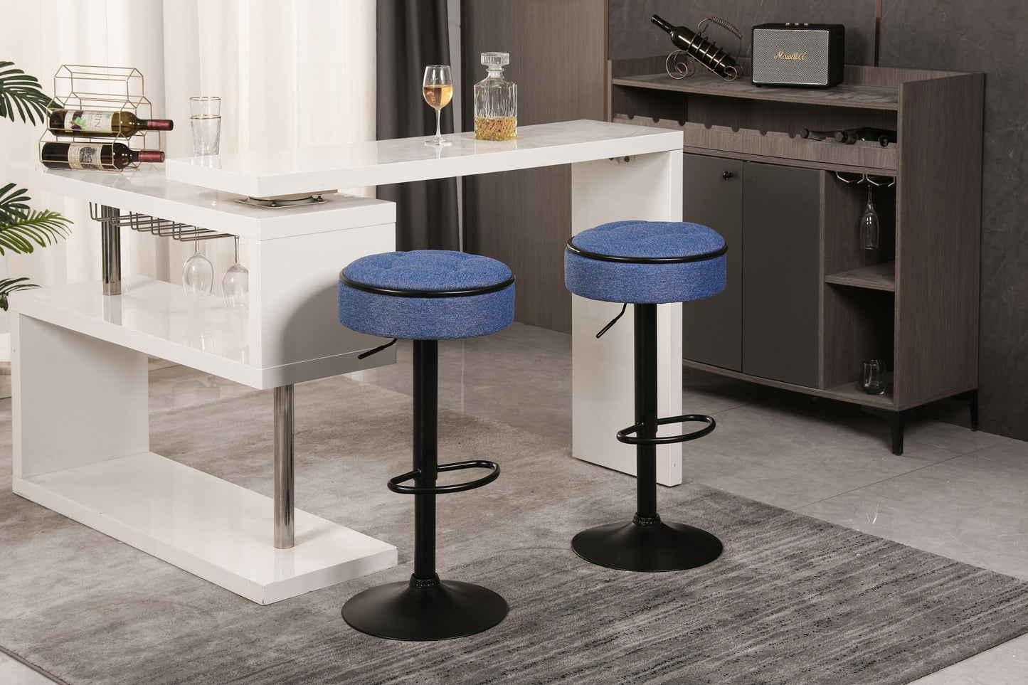 Veynard - Set of 2 - 24" Blue Linen Adjustable Bar Stools with 360° Swivel, Metal Frame for Kitchen and Dining