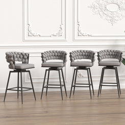 Rubicon - Set of 4 - 28" Linen Bar Chairs Grey Upholstered Swivel Stools with Woven Back Black Legs and Footrest