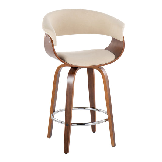 Lutheus - Set of 2 - 24" Walnut Wood Counter Stools with Cream Fabric, Chrome Footrest, 360° Swivel, Mid-Century Modern Design