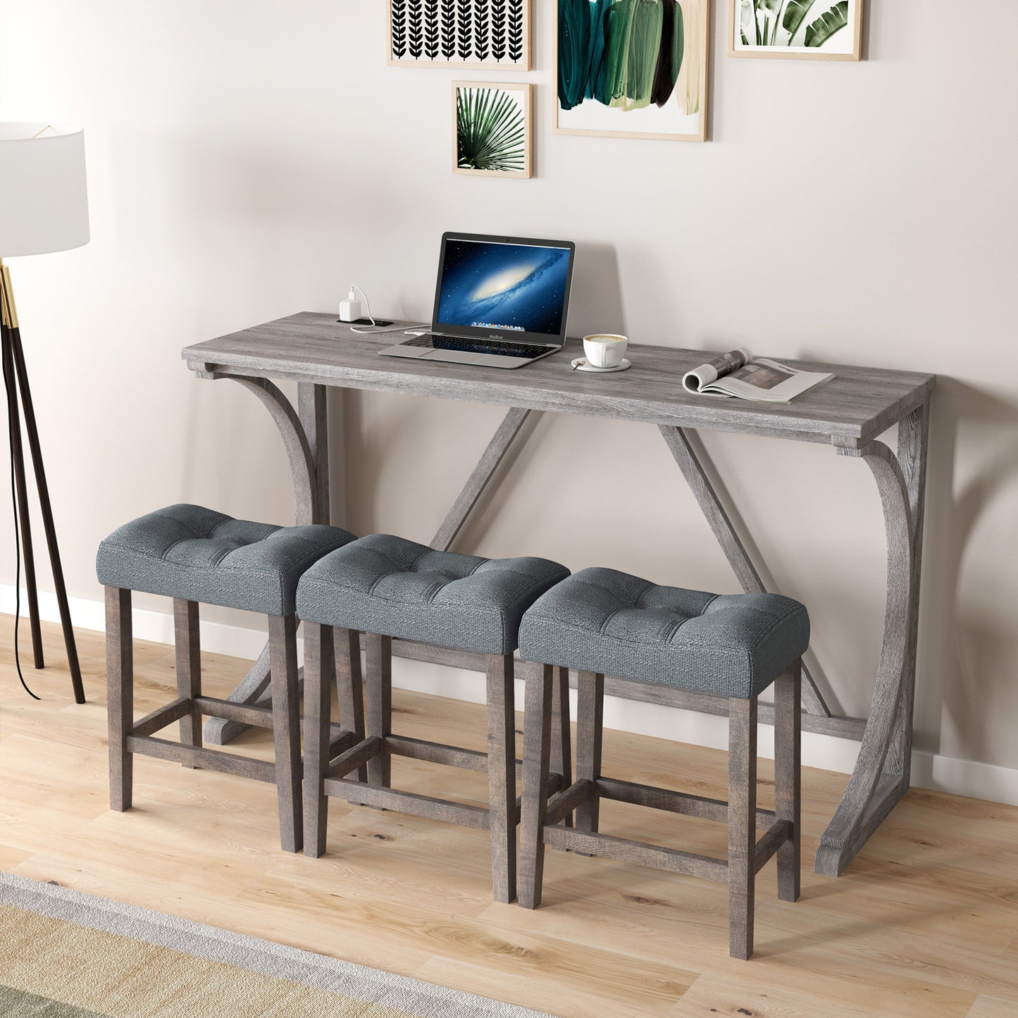 Hadden - Set of 4 - 30” Gray Industrial Bar Table Set with Power Outlet, 3 Stools, Solid Wood + MDF - Dining, Game, or Living Room, 59” x 19” x 36”