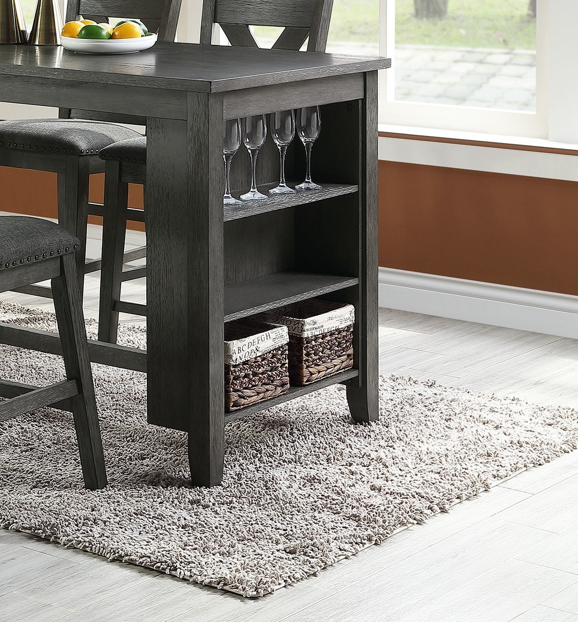 Hadrian - Set of 2 - 24" Gray Wash Counter Height Dining Set with Storage Shelves, High Chairs & Stools - Solid Acacia Wood