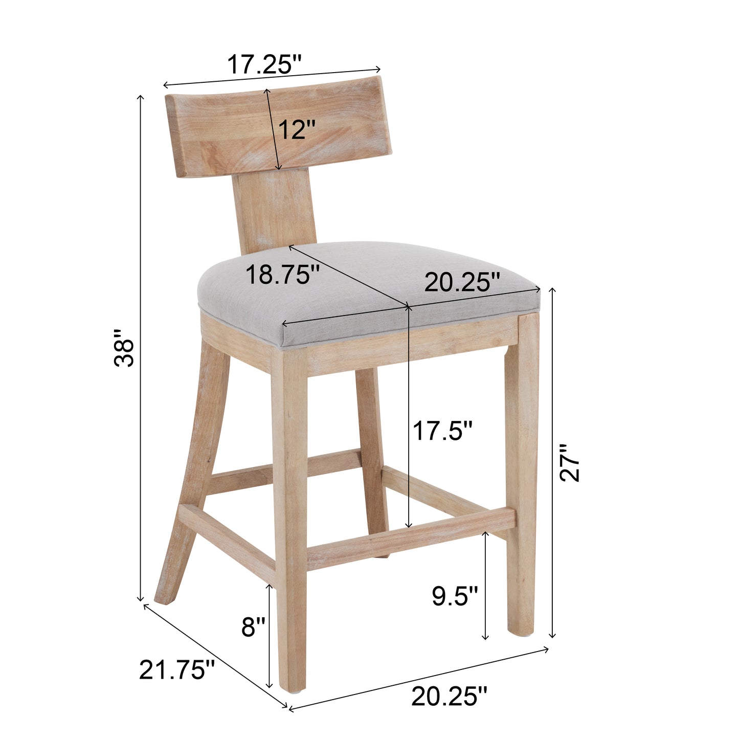 Pivora - Set of 2 - 27" Linen Upholstered Counter Stools with Natural Rubberwood Frame, High Back, and Footrest