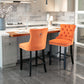 Sorrento - Set of 2 - 24.4" Orange Velvet Upholstered Barstools with Button Tufted Back, Wooden Legs & Chrome Nailhead Trim