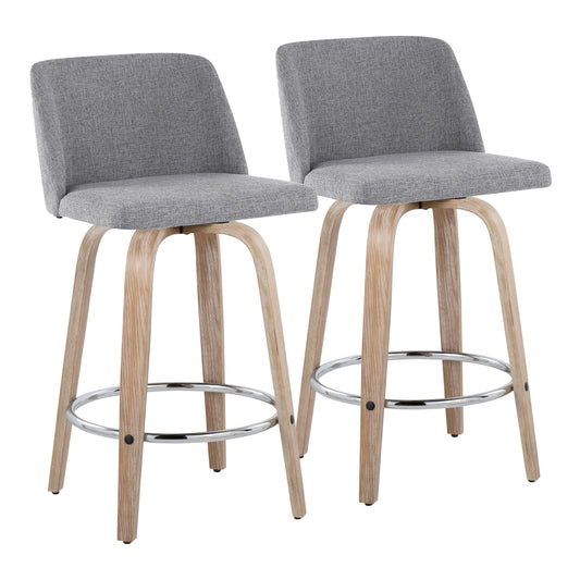 Tanith - Set of 2 - 24" Contemporary Grey Fixed-Height Counter Stools with 360° Swivel, Whitewashed Wood, and Chrome Footrest by LumiSource