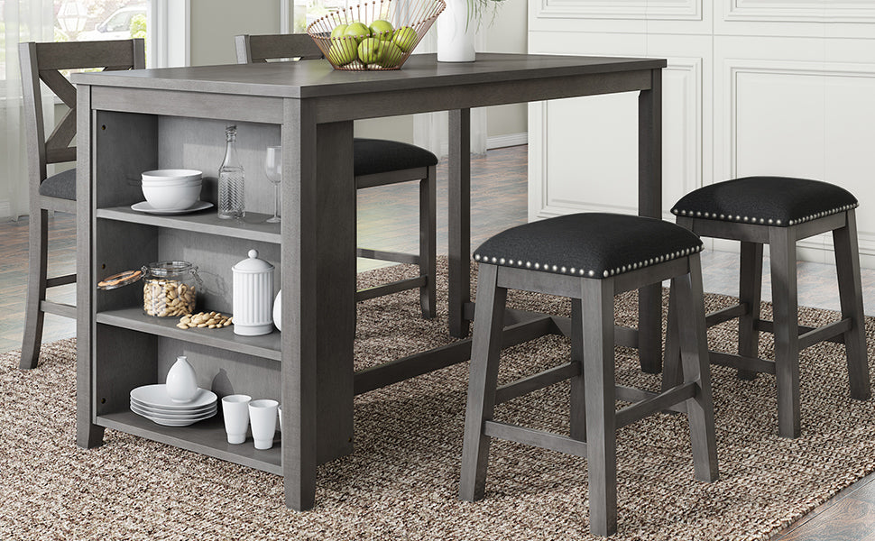 Montclaire - Set of 5 -36" Rustic Gray Counter Height Dining Set with Solid Wood Table, 2 Chairs, and 2 Stools