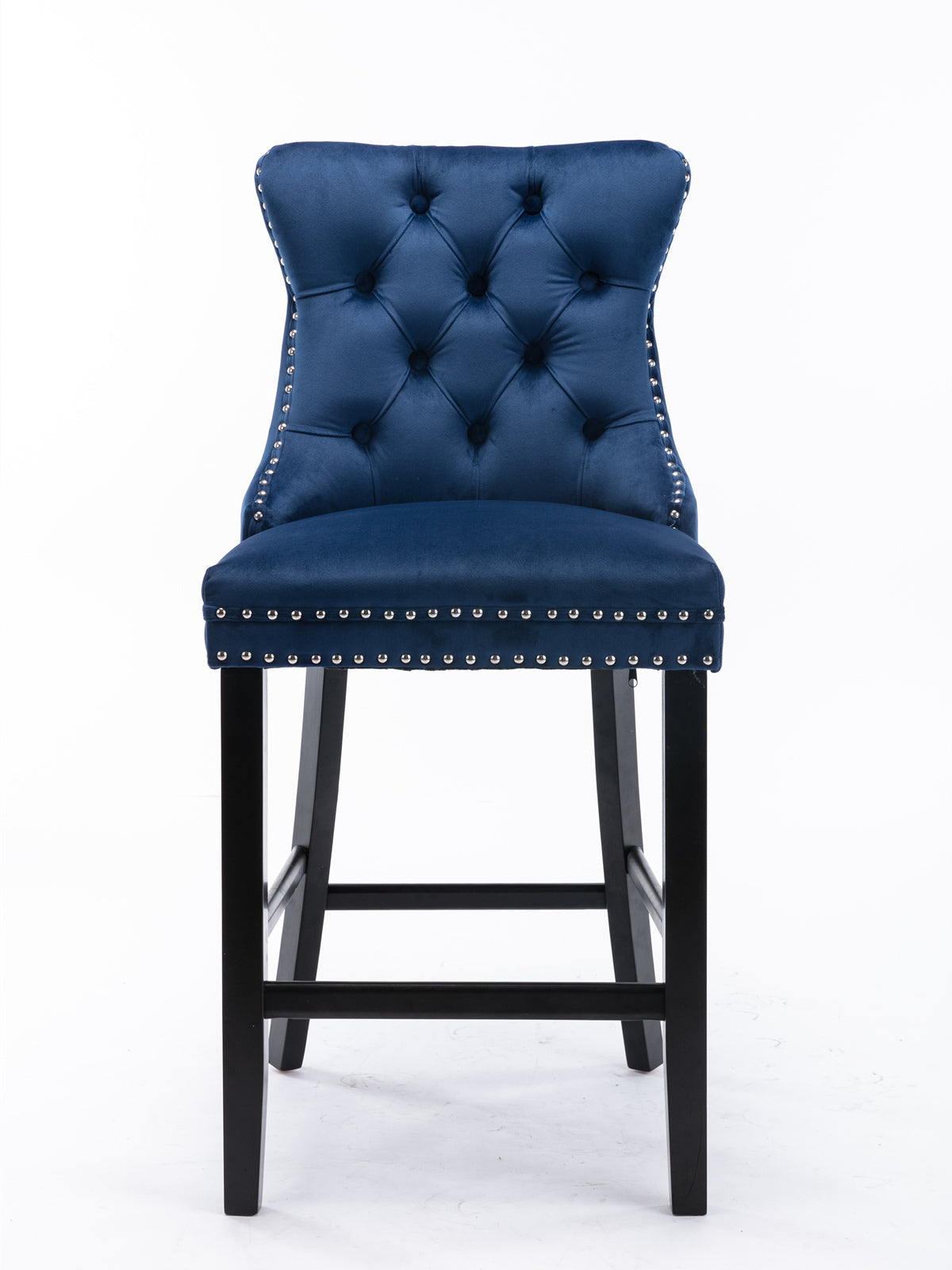 Heliora - Set of 2 - 26" Blue Velvet Upholstered Bar Stools with Button Tufted Design, Chrome Nailhead Trim, and Wooden Legs - Modern American Style