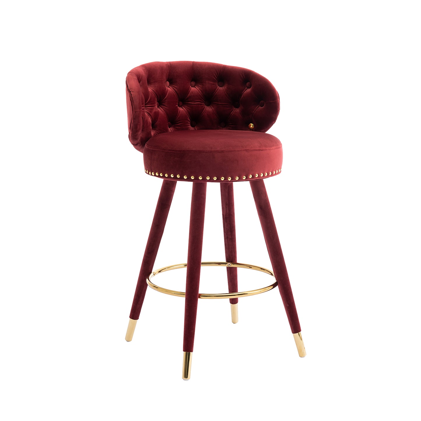 Cylvara - Set of 2 - 28" Claret Red Velvet Counter Height Bar Stools with Solid Wood Legs and 360° Swivel