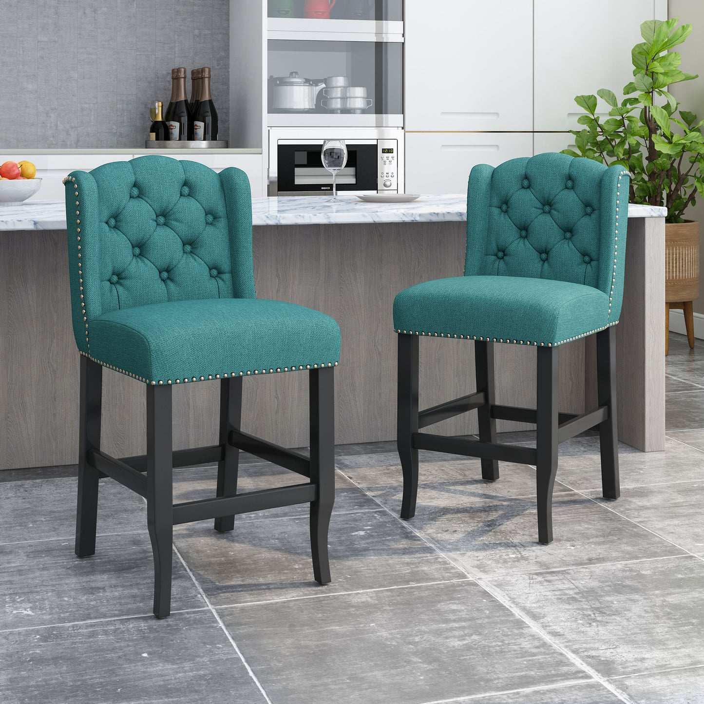 Veleta - Set of 2 - 27" Teal Tufted Wingback Counter Stools with Nailhead Trim and Dark Brown Rubberwood Legs