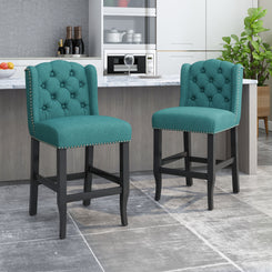 Veleta - Set of 2 - 27" Teal Tufted Wingback Counter Stools with Nailhead Trim and Dark Brown Rubberwood Legs