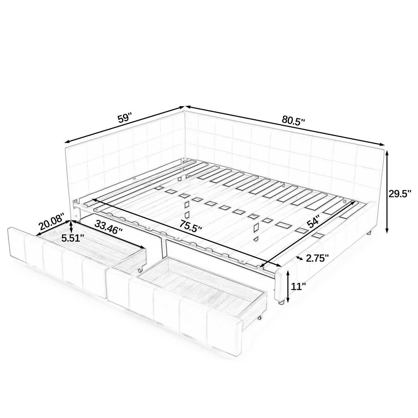 Elegant Design Storage Upholstered Tufted Bed Frame With Backrest And Armrests