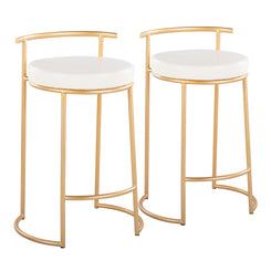 Lavinia - Set of 2 - 26" Round Counter Stools with Gold Frame & White Faux Leather - Fixed Height