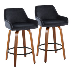 VeroGrace – Set of 2 – 26" Fixed-Height Counter Stools with Swivel in Walnut Wood and Black Velvet, Padded Backrest, and Black Metal Footrest