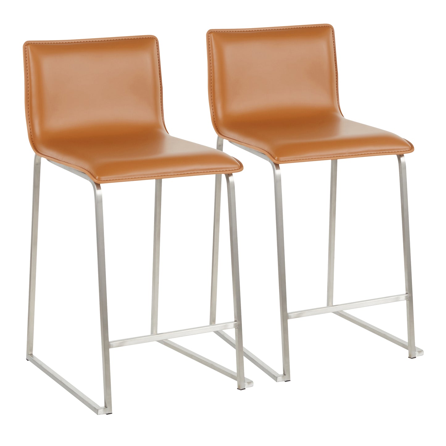 Maxorith - Set of 2 - 26" Contemporary Counter Stools with Brushed Stainless Steel Frame and Camel Faux Leather Upholstery