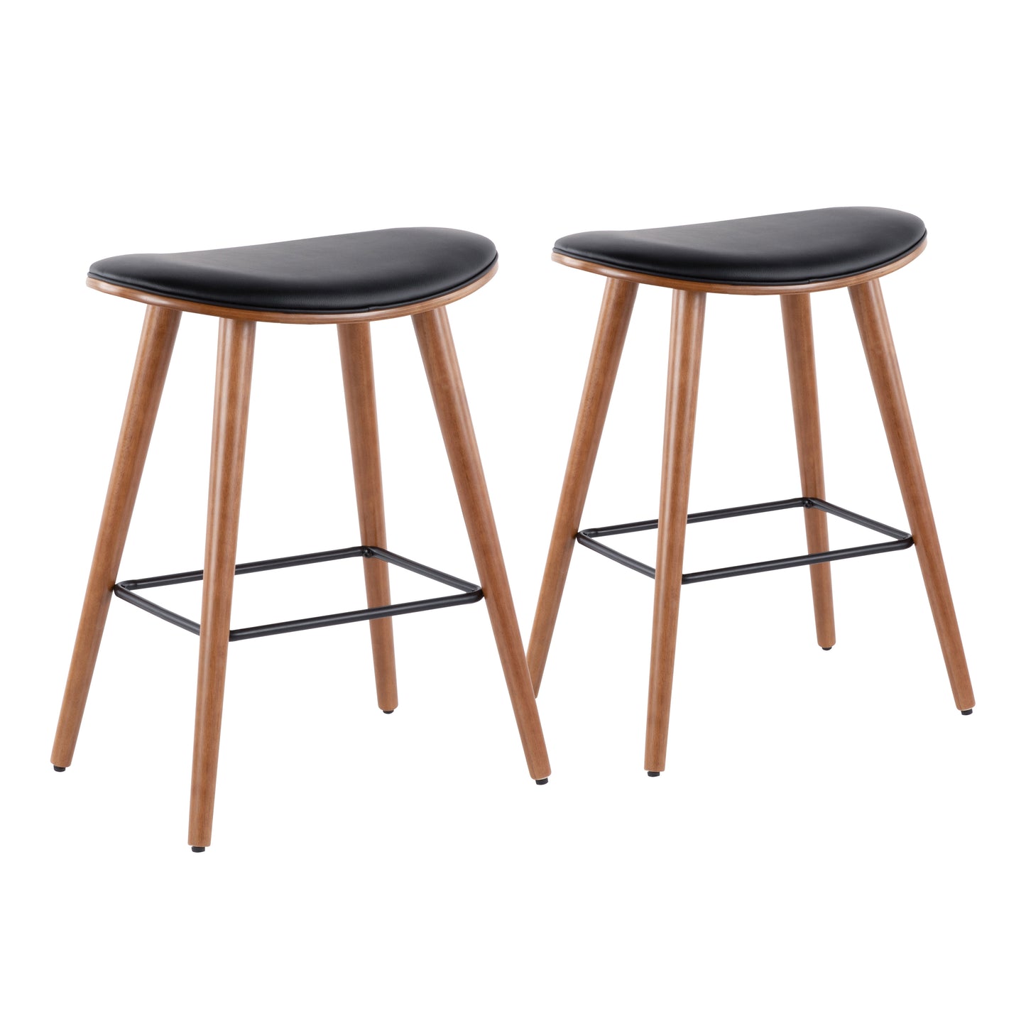 Simonea -Set of 2 – 26" Mid-Century Modern Counter Stools in Walnut & Black Faux Leather, Stylish & Comfortable Kitchen or Bar Seating