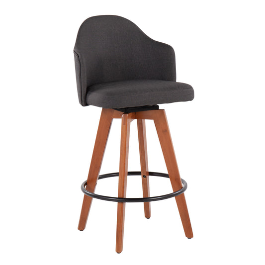 Velin - Set of 2 - 24" Charcoal Fabric Counter Stools with Walnut Bamboo Legs and Swivel Design