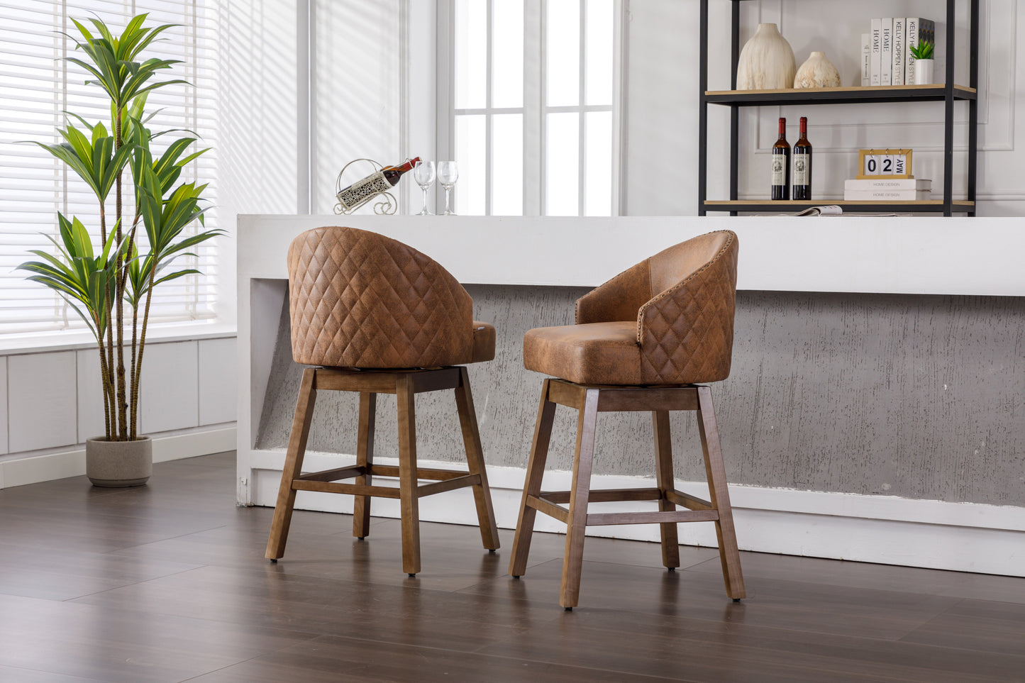 Hannah - Set of 2 - 29" Coffee Polyester Counter Height Swivel Bar Stools with Solid Wood Frame and 360-Degree Rotation