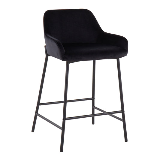 Compas - Set of 2 - 26" Black Velvet Counter Height Stools with Fixed Industrial Metal Frame and Plush Padded Seat