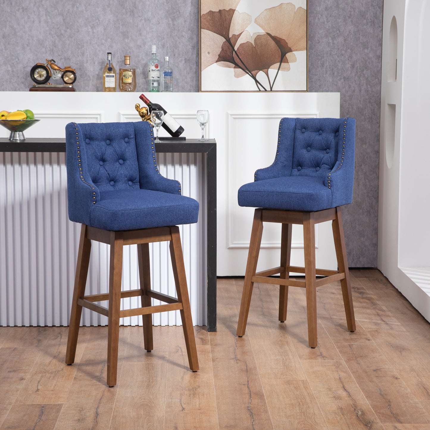 Morrithal - Set of 2 - 30" Navy Linen Counter Height Bar Stools with 360° Swivel, Footrest, Solid Wood Legs, and Retro Style for Kitchen or Dining Room